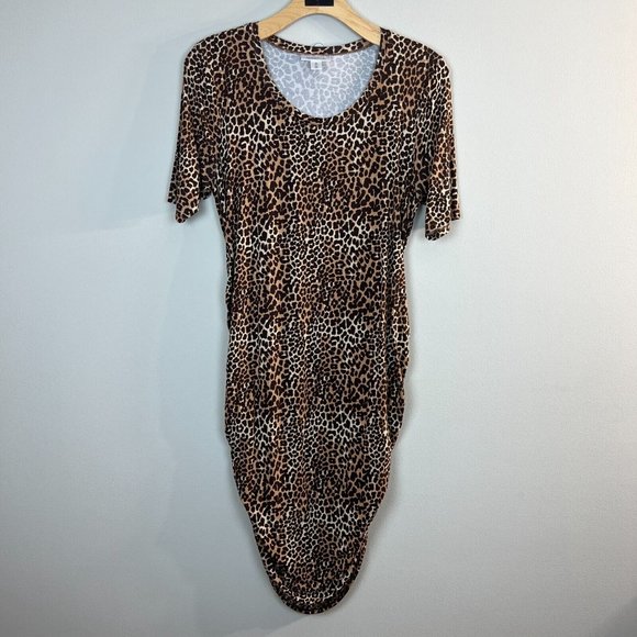 Motherhood Maternity Dress 2X Brown Leopard Ruched Short Sleeve Knee Length‎ - Picture 1 of 11
